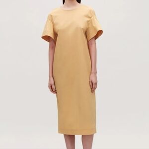 NEW COS Flare-Sleeved Stretch Poplin Midi Dress in Butter Ochre Yellow Size 8